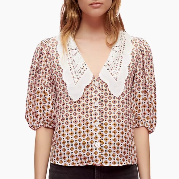 Maje Cosange Guipure Lace-Trimmed Printed Linen Blouse - Picture 4 of 16